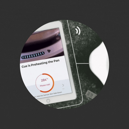 rotating gif image of the hestan cue app on an ipad connecting to their cookware